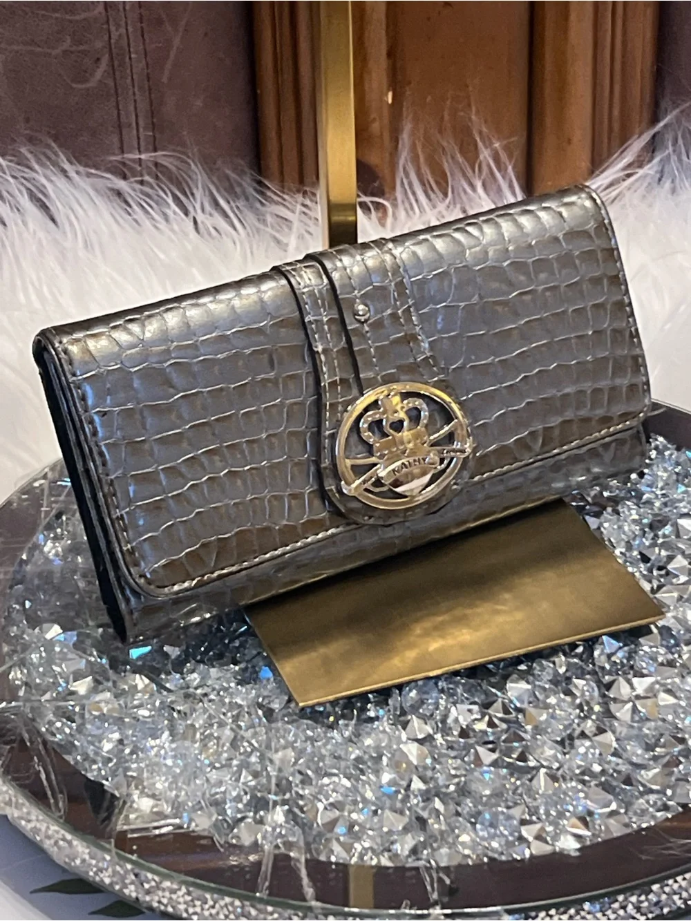 Kathy Van Zeeland Y2k Metallic Croc-Embossed Gray Wallet Clutch with Crest